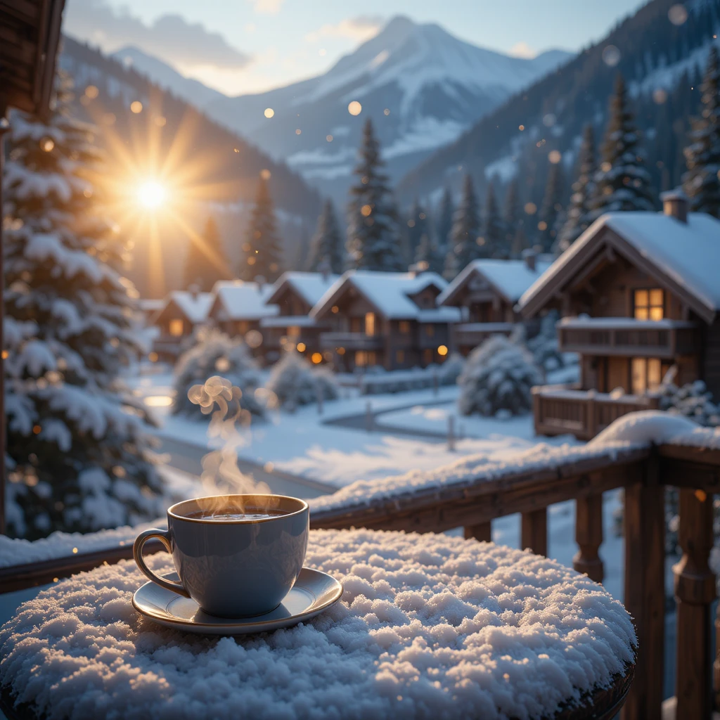 Café acogedor en balcón nevado de un tranquilo pueblo alpino