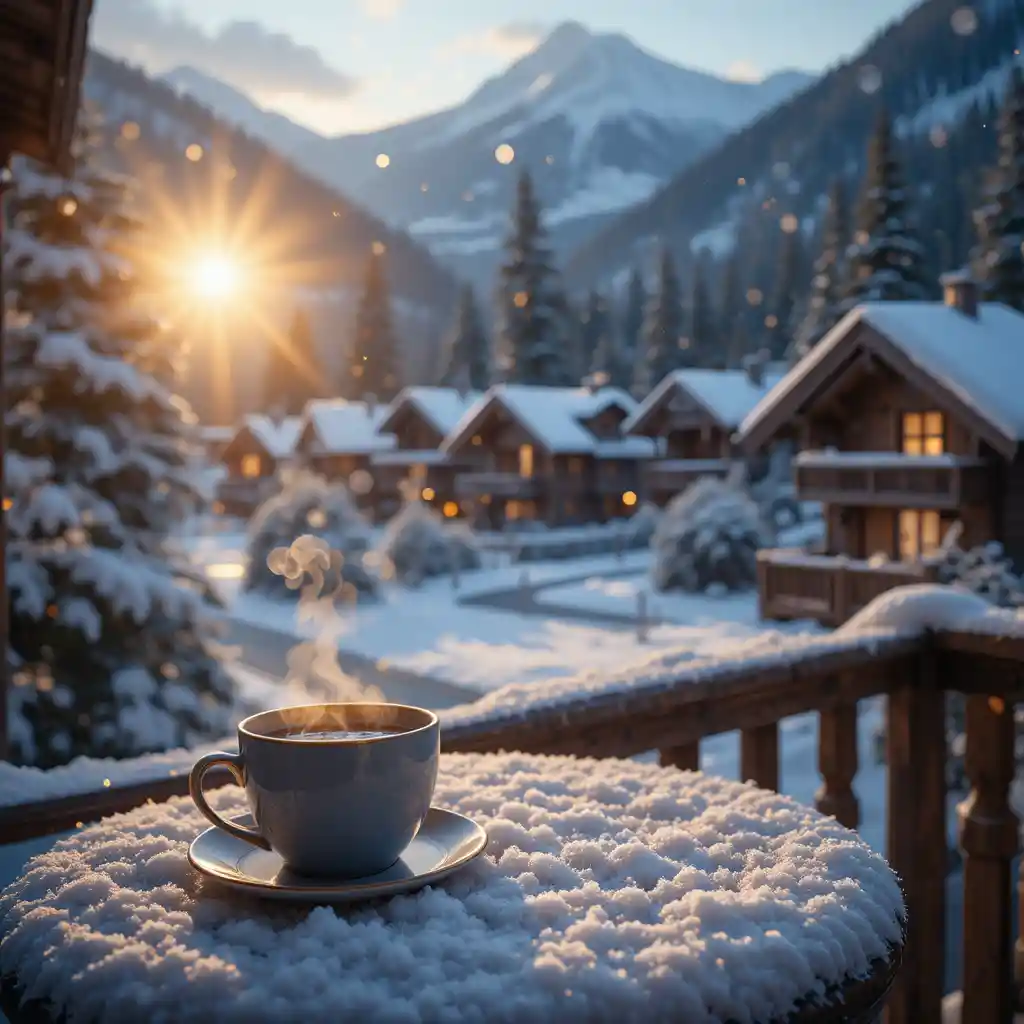 Café acogedor en balcón nevado de un tranquilo pueblo alpino