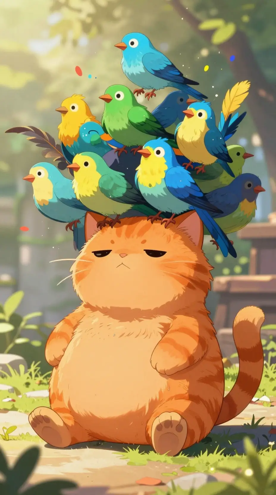 Playful orange cat stacked with colorful birds