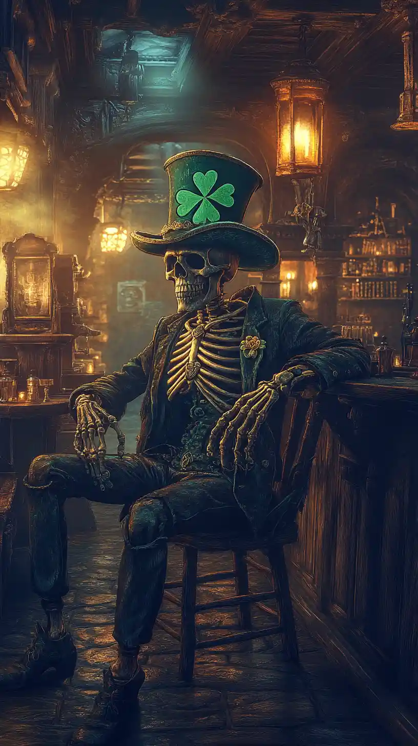Skeleton In Shamrock Hat In A Ghostly Irish Pub