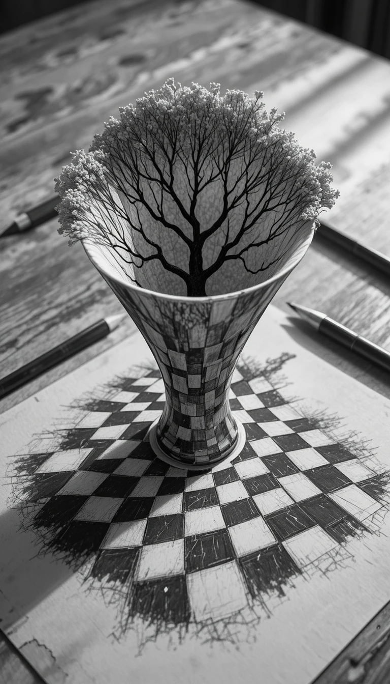 Dibujo de embudo con ilusión óptica sobre mesa de madera