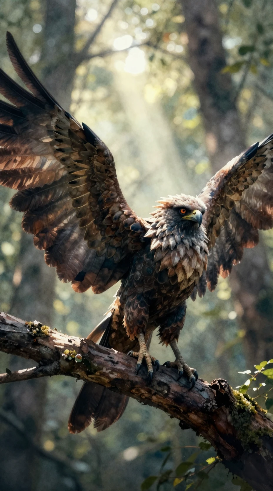 Mythical harpy perched on a dark forest tree branch