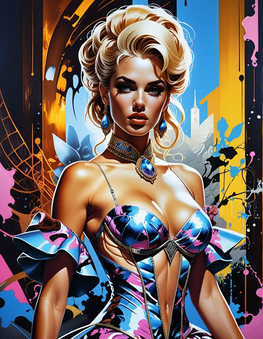 Blonde Vampir-Pin-up im Regenwald mit juwelenbesetztem Kleid