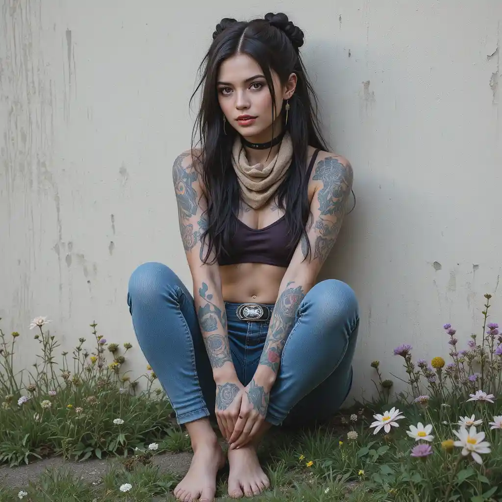 Punk girl with tattoos sitting barefoot by an old wall