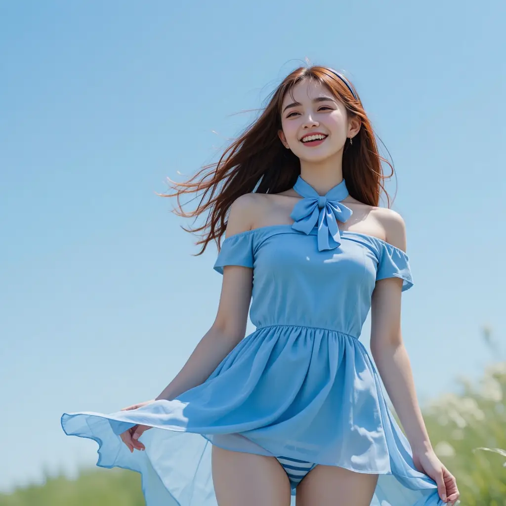 Lachendes koreanisches Mädchen im blauen Kleid auf sonnigem Hügel