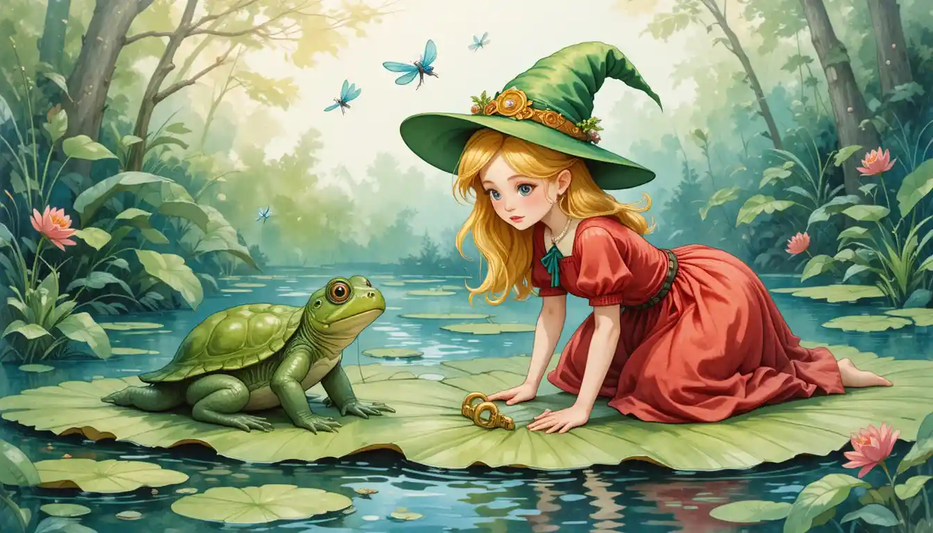Blonde girl and frog with golden key on lily pad