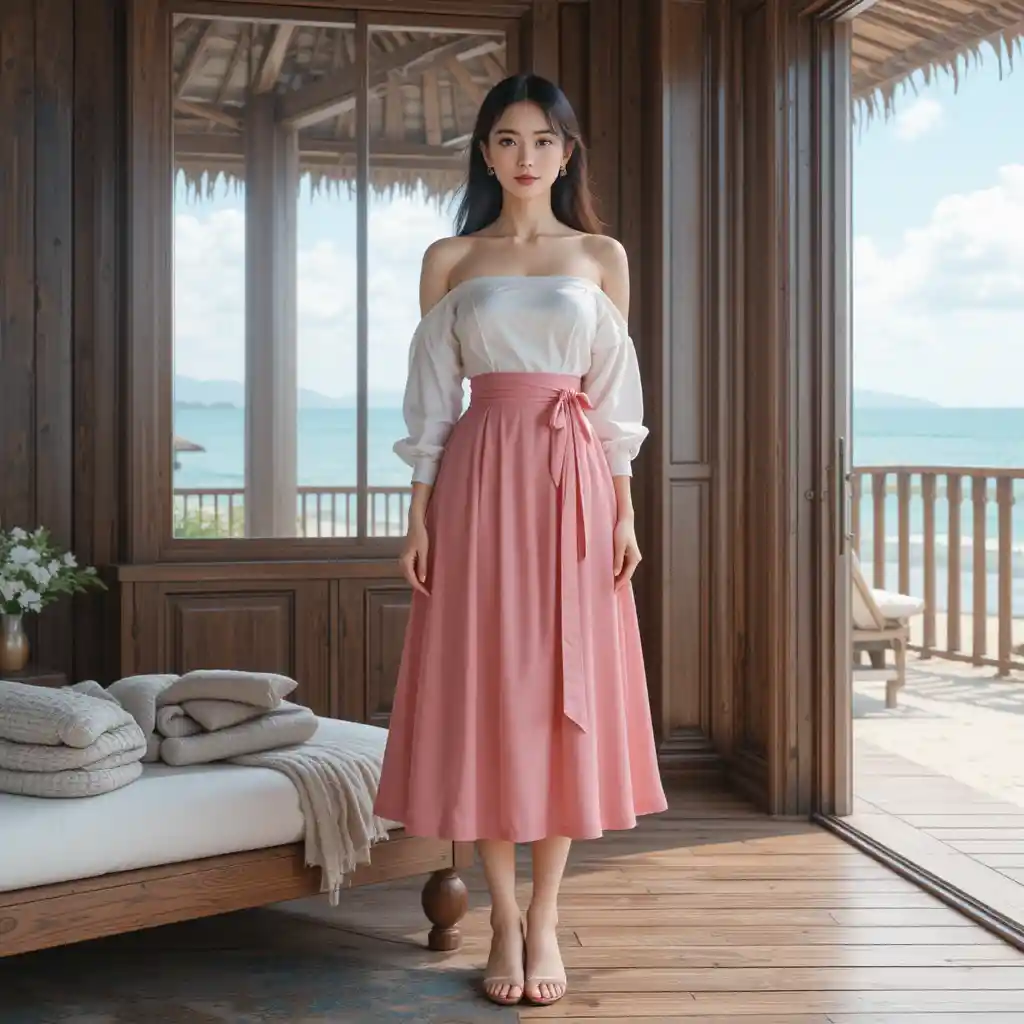 Vietnamese woman in skirt and sash by a beach house window