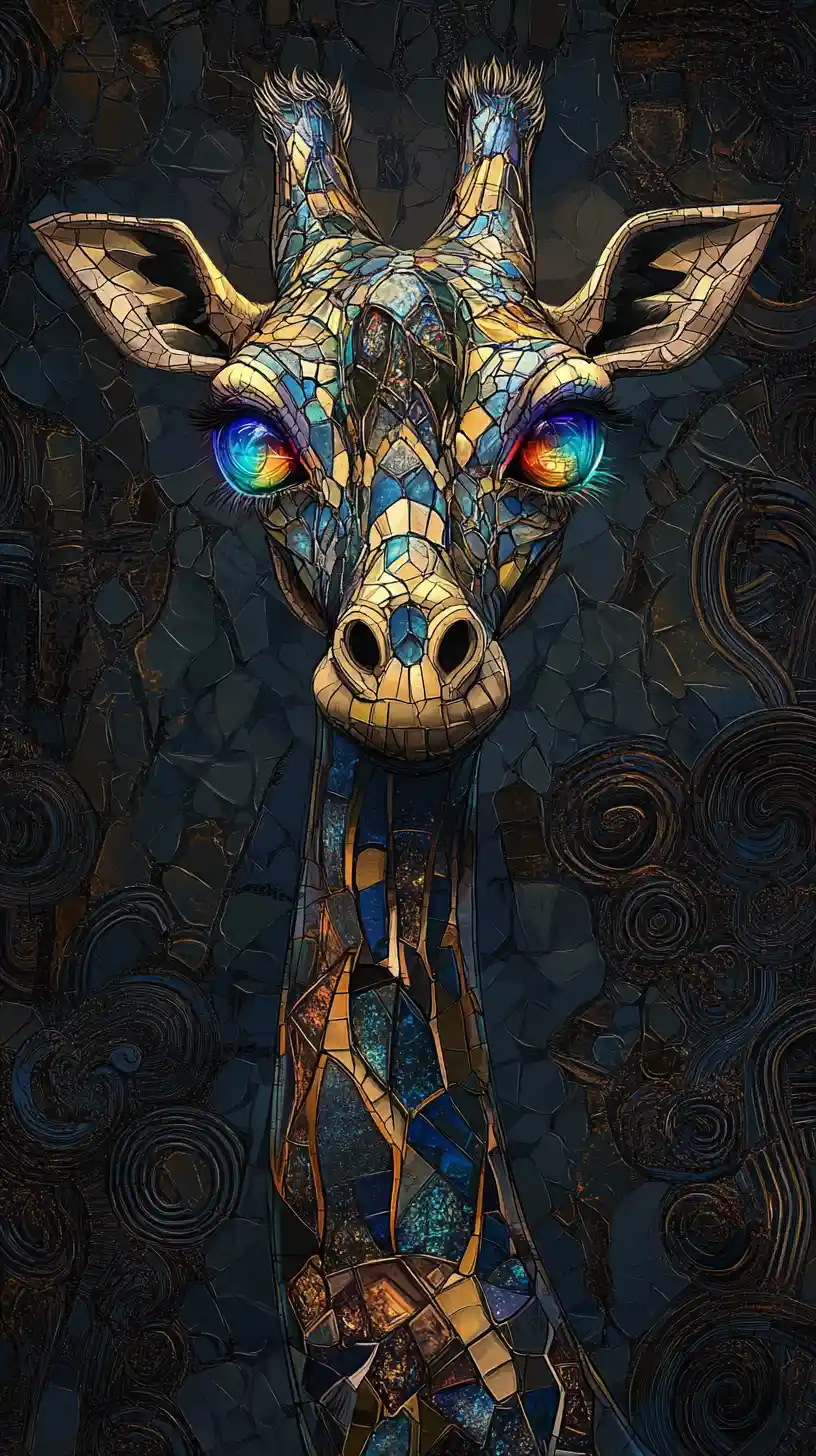 Mystical mosaic giraffe with glowing eyes in dark fantasy