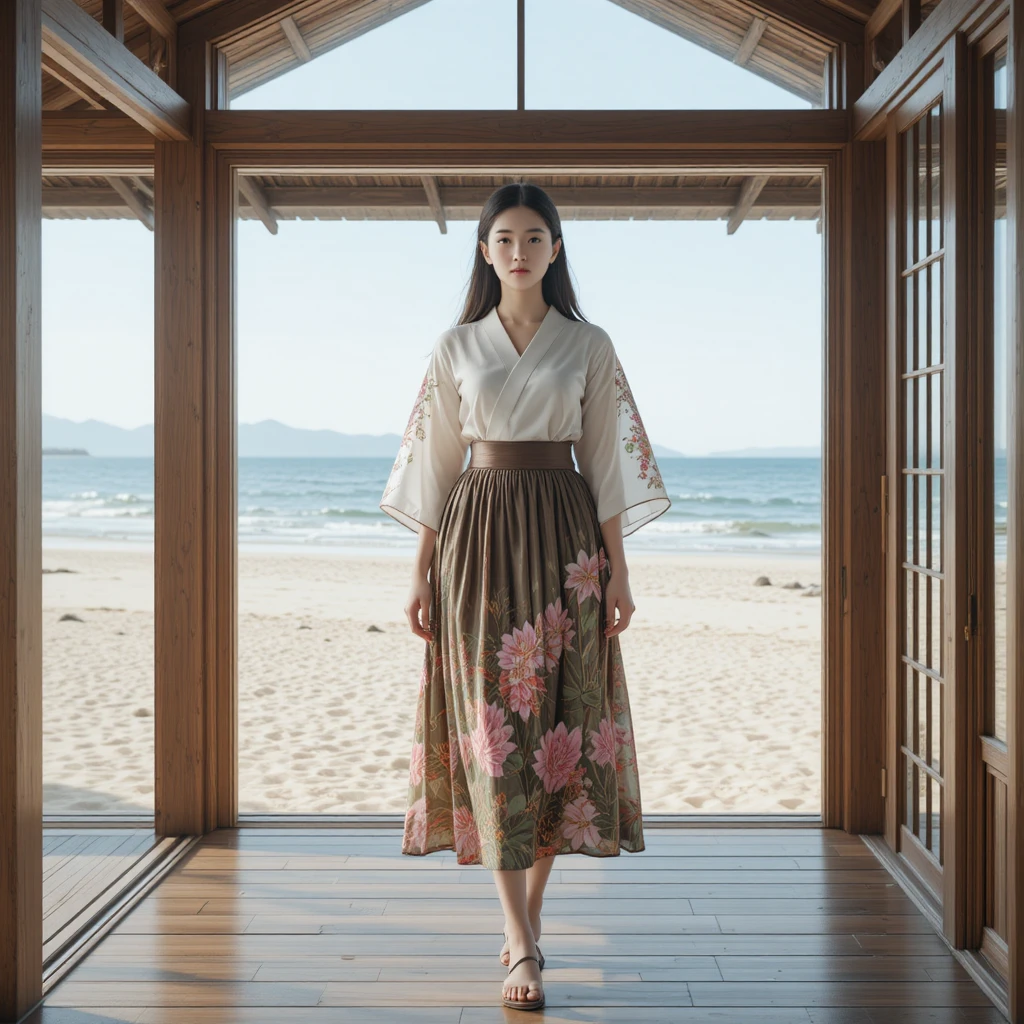 해변가 집 앞에서 겹겹이 유카타를 입은 베트남 여성