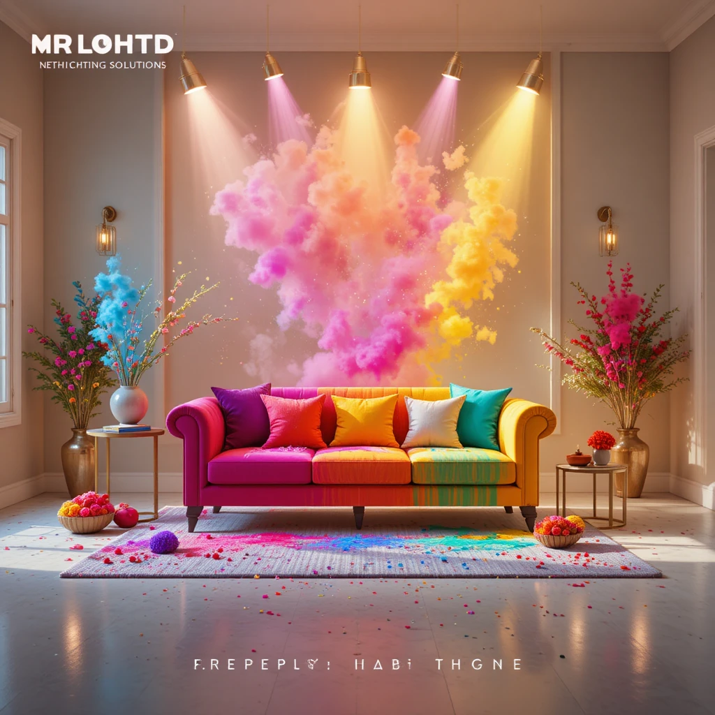 Luxury holi poster with colorful sofa and soft glowing lights