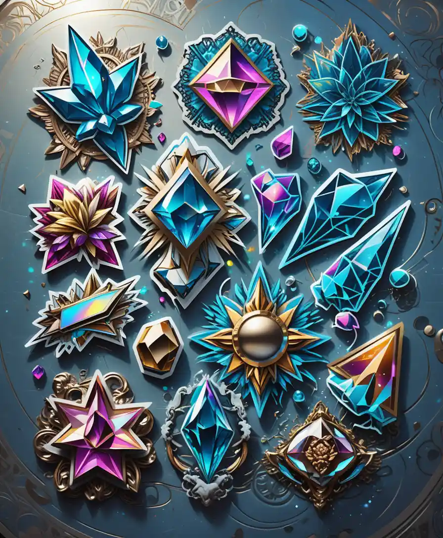 Colorful crystal sticker sheet with neon fantasy illustration