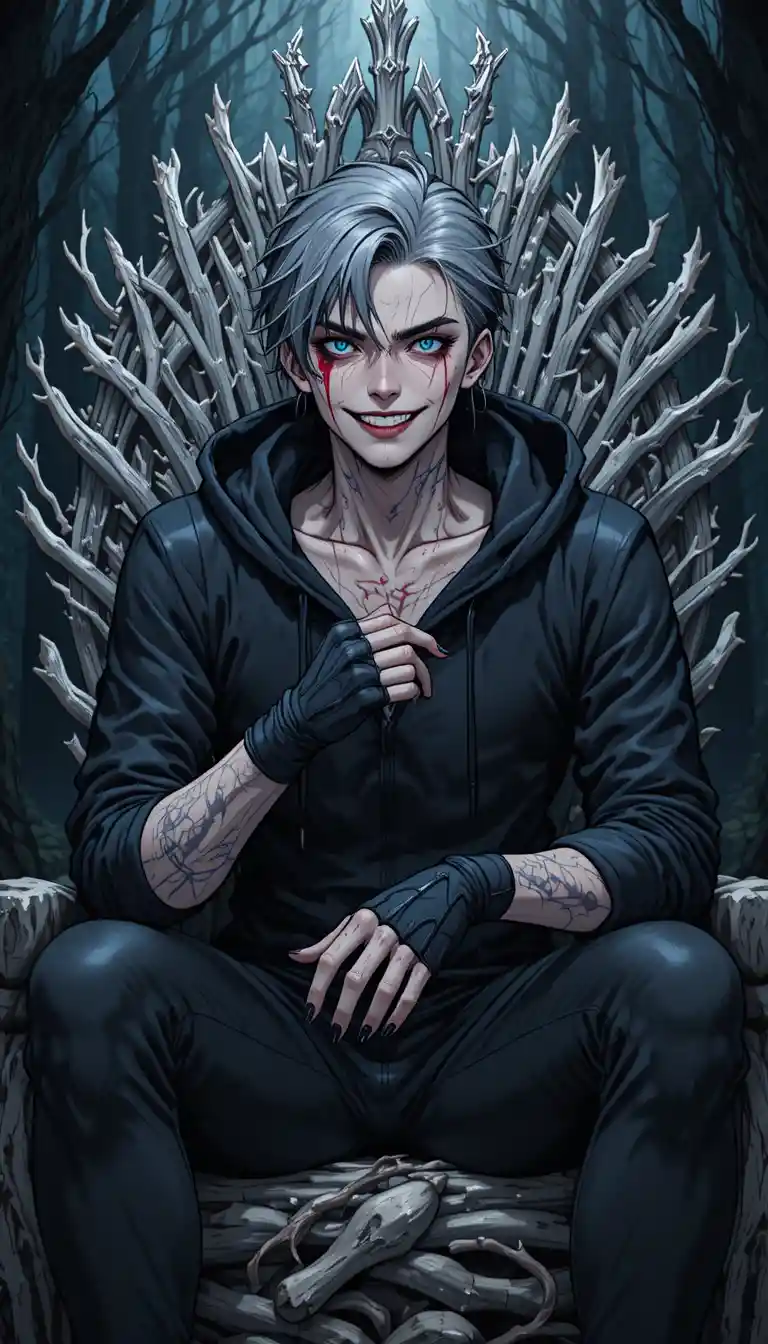 Anime man on a bone throne in a dark forest