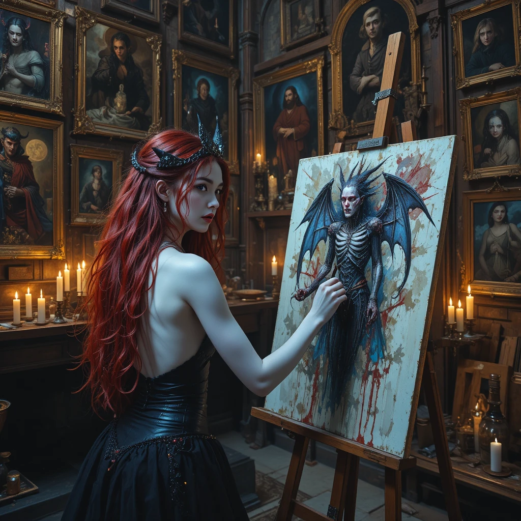 Gothic woman painting a demon in candlelit castle