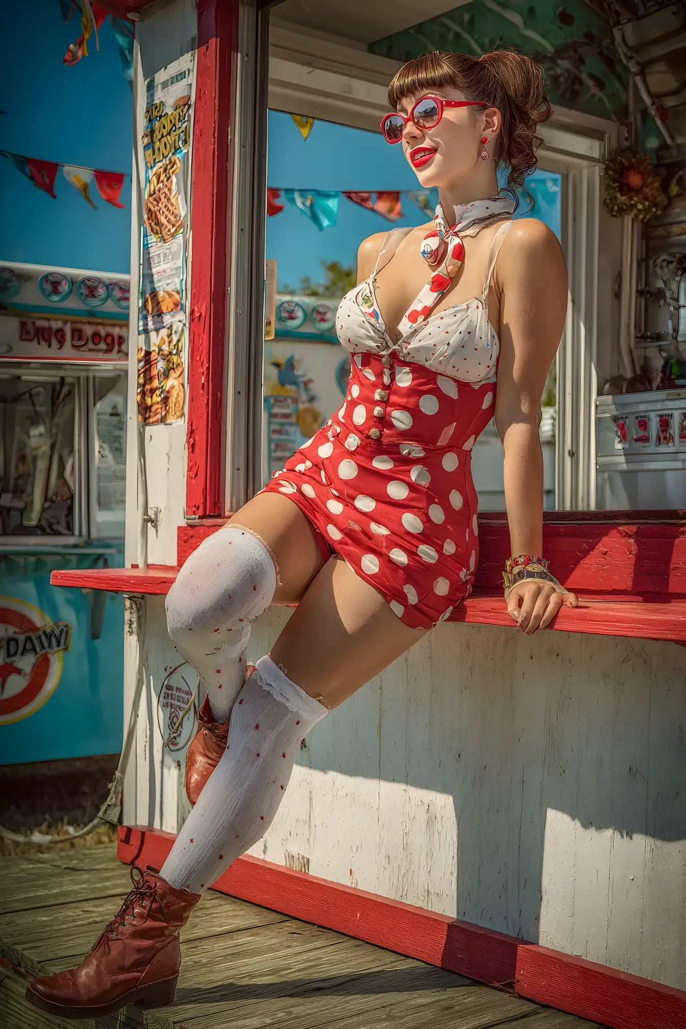 Pin up calendar woman leaning at a hot dog stand