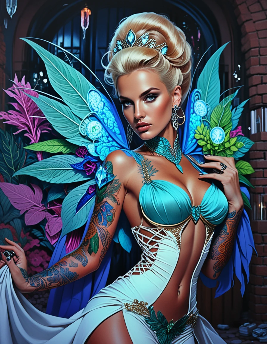 Vampire pinup woman in rainforest with jeweled gown