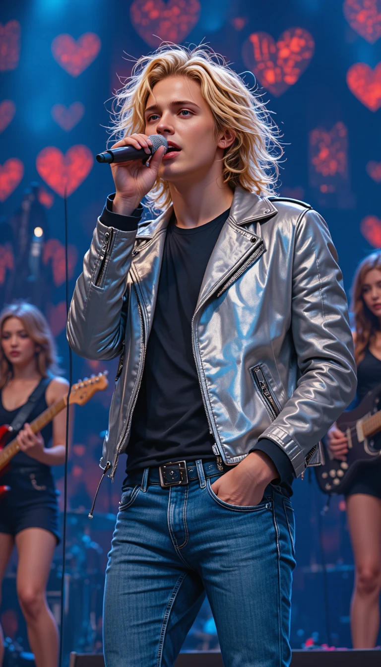 Giovane cantante sul palco insieme a una rock band
