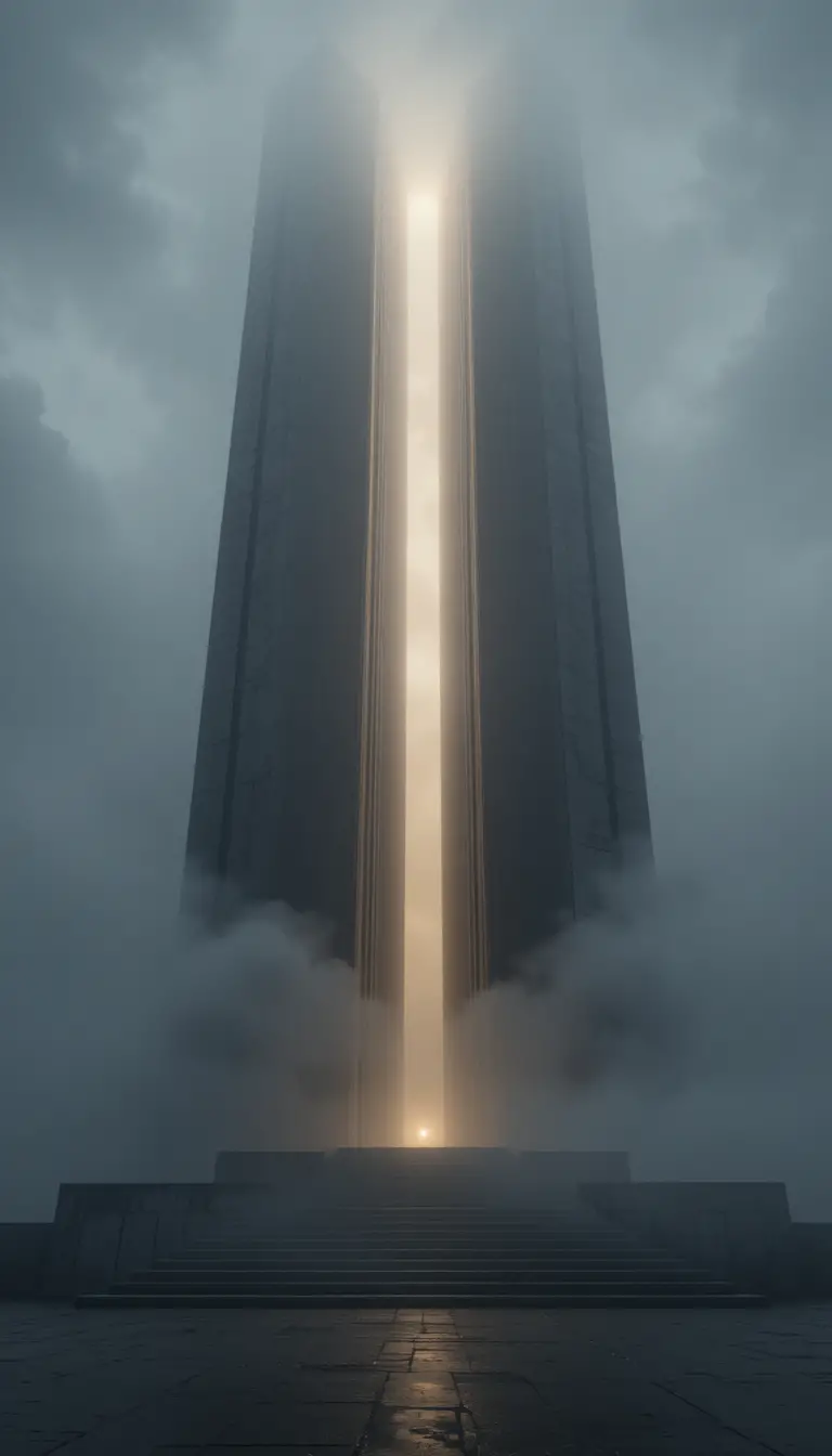 Minimalist monument rising through fog with central light beam