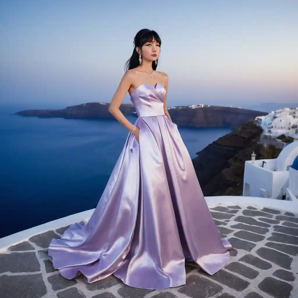 Chica japonesa elegante con vestido de satén morado de noche