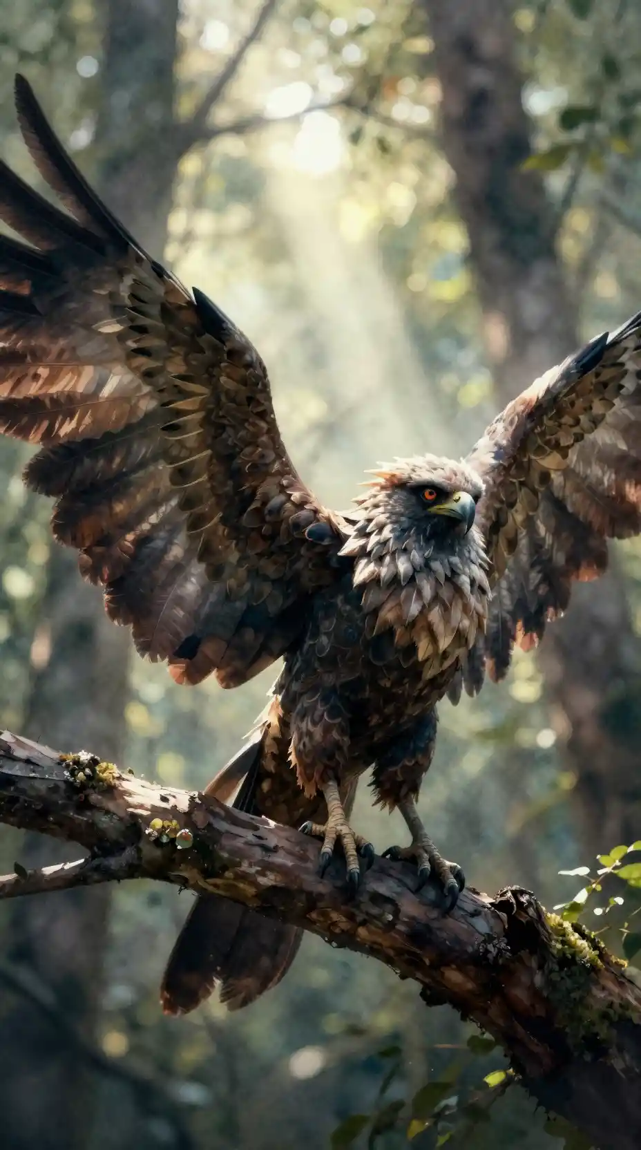 Mythical harpy perched on a dark forest tree branch