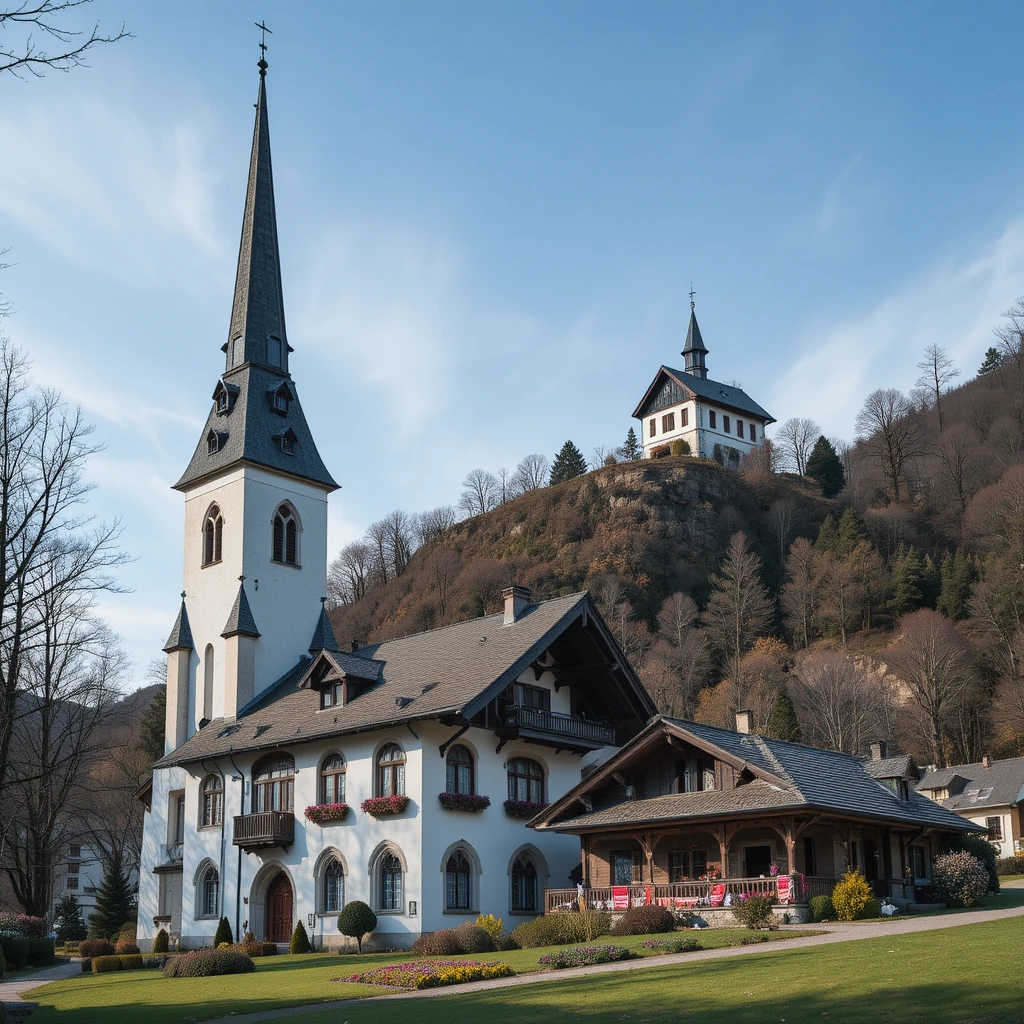 Guglia di chiesa neogotica che svetta sopra un villaggio alpino