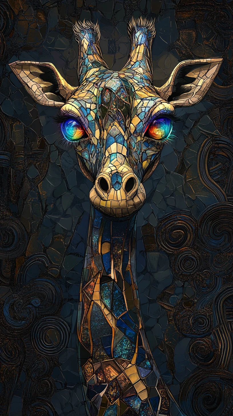 Mystical mosaic giraffe with glowing eyes in dark fantasy