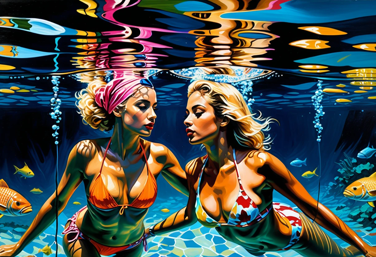 Zwei Frauen schwimmen unter Wasser im fantasievollen Pin-up-Stil