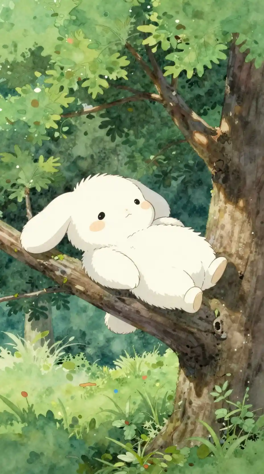 Serene watercolor rabbit resting on a tree branch