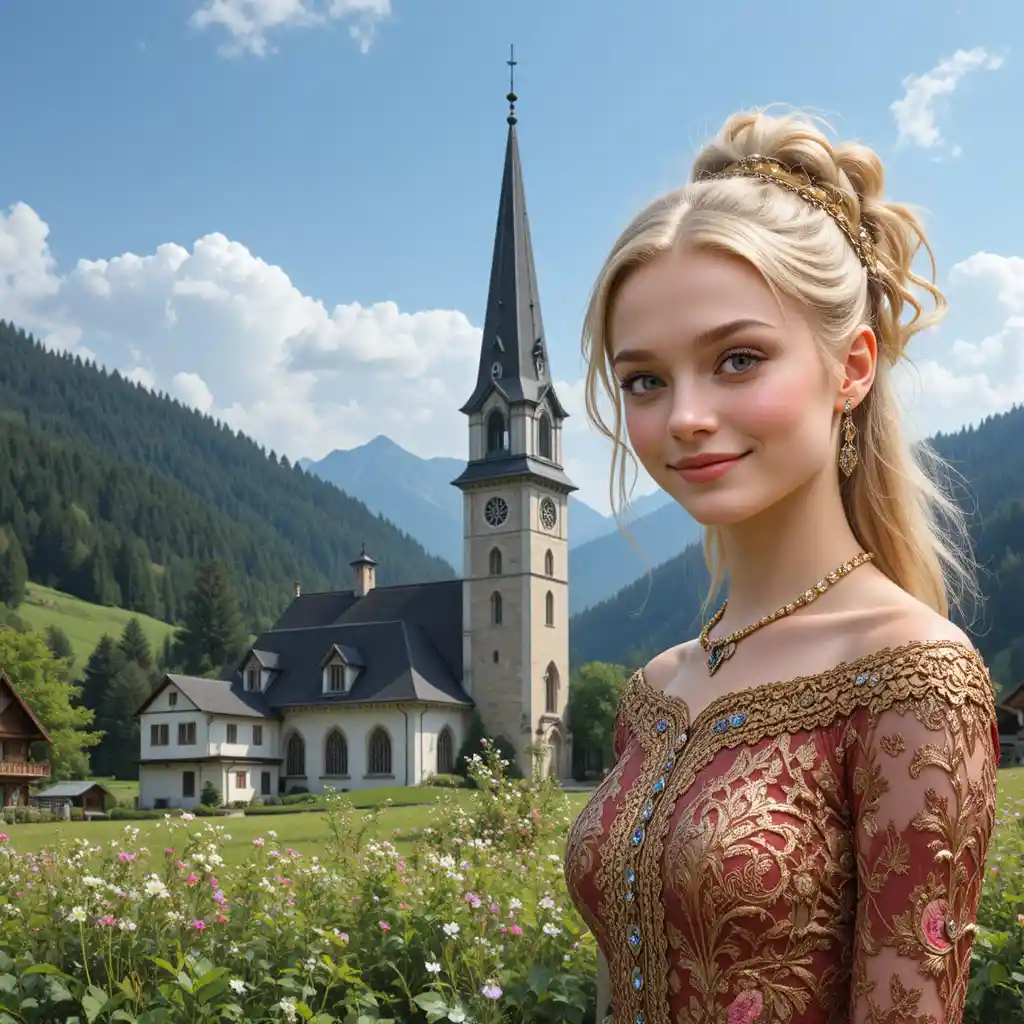 Smiling blonde woman in ornate red and gold dress