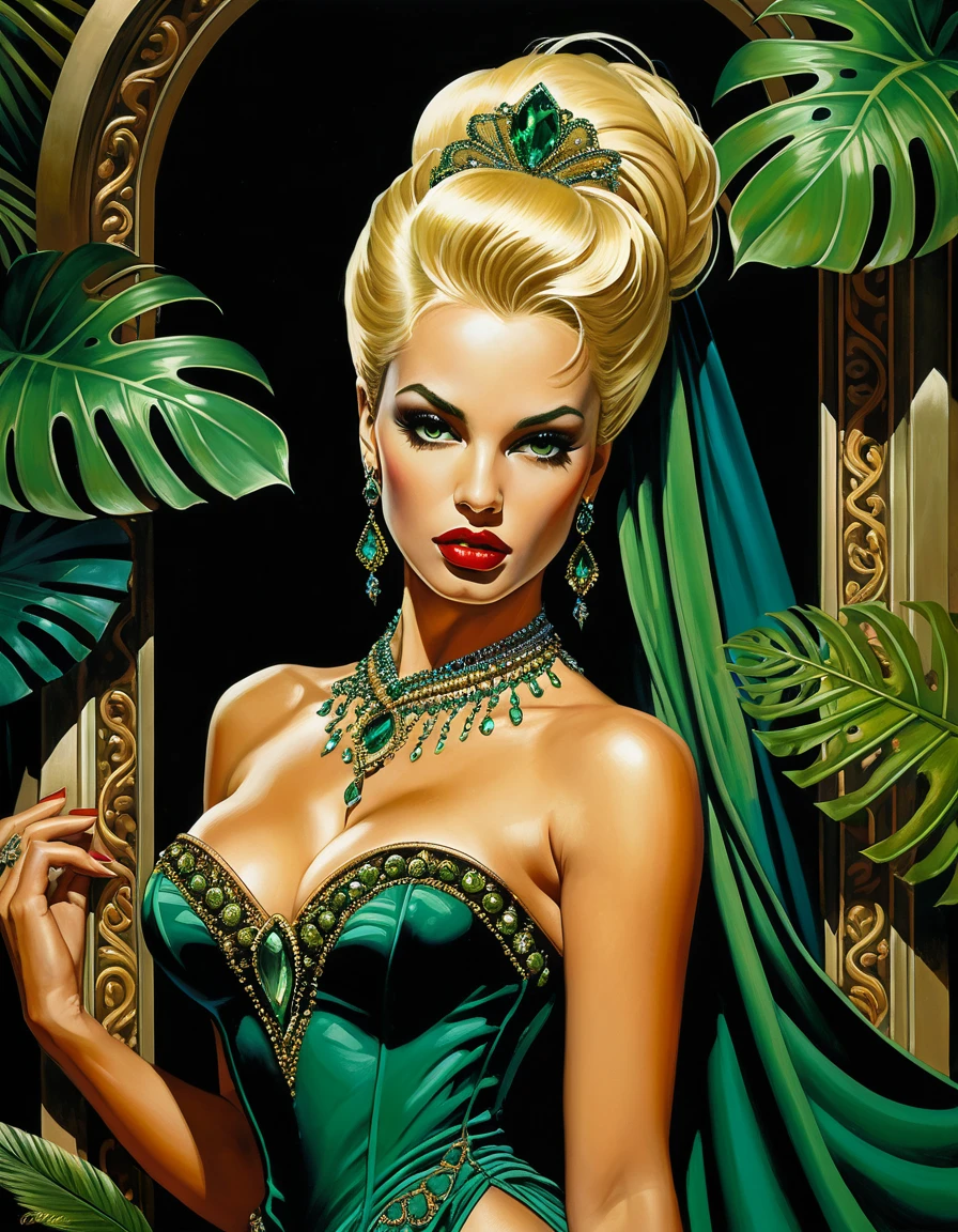 Pin-up de vampire blonde en robe de bal masqué gothique tropicale