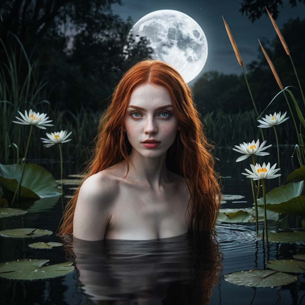 Eerie spirit girl with red eyes by a moonlit lake