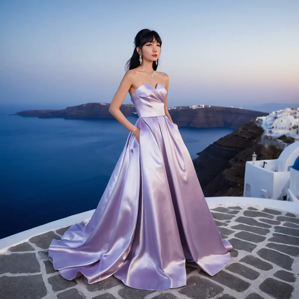 Chica japonesa elegante con vestido de satén morado de noche