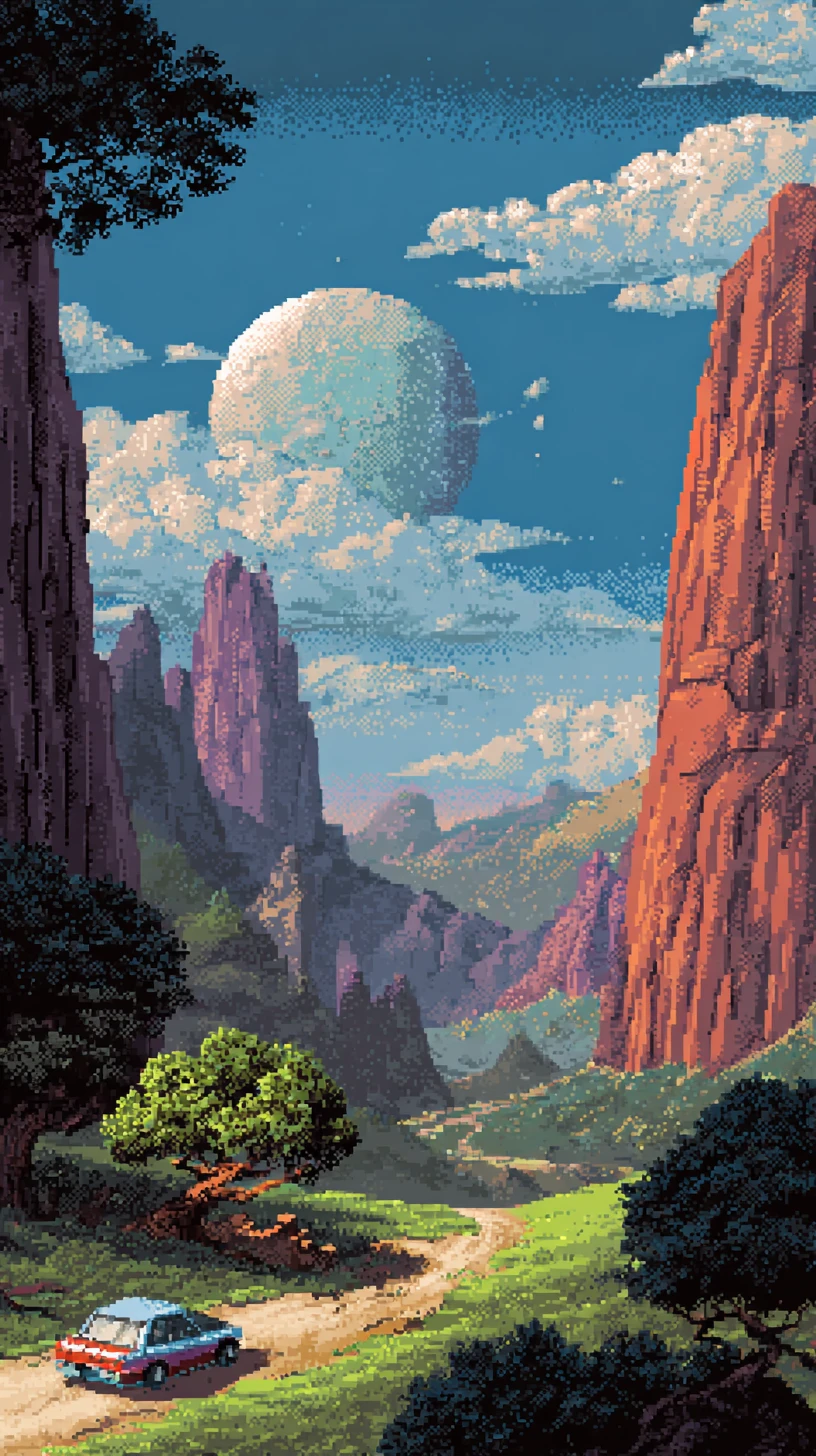 Retro futuristic pixel art landscape with vibrant 8 bit style
