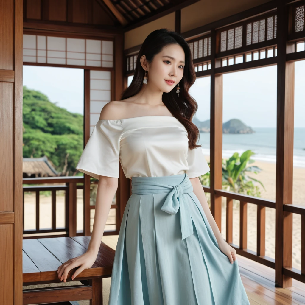 레이어드 유카타 차림의 베트남 여성, 비치 하우스에서
