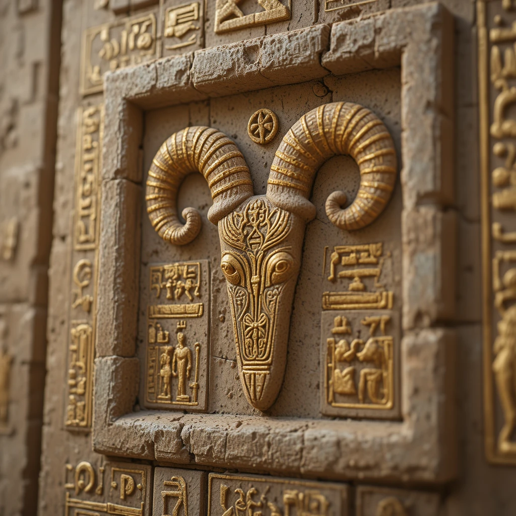 Aries zodiac glyph carved in sandstone with gold hieroglyphs