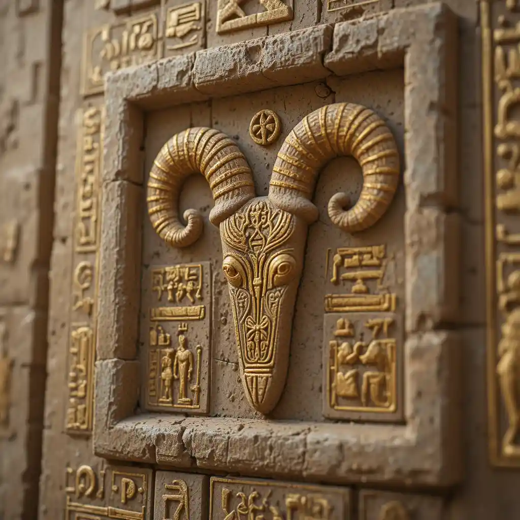 Aries zodiac glyph carved in sandstone with gold hieroglyphs