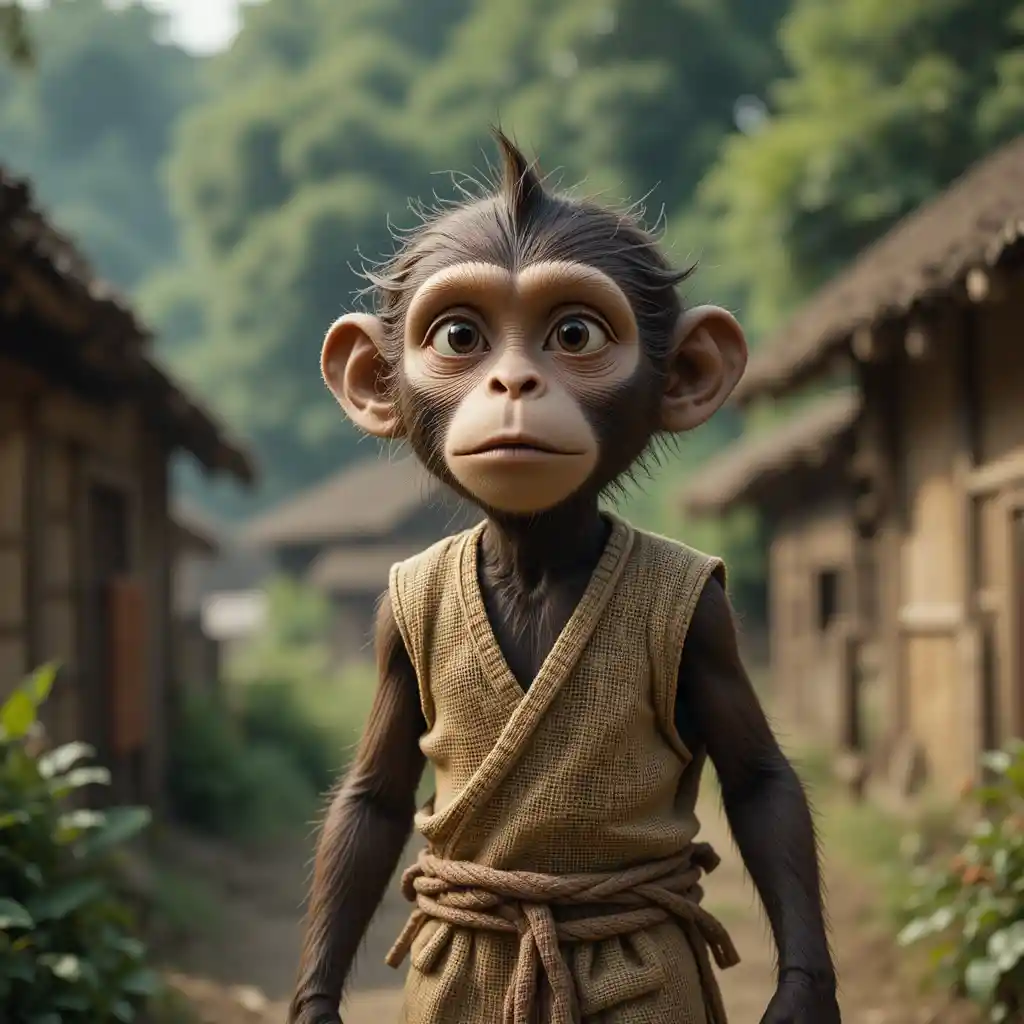 Humanoid monkey character in jute clothes in a village