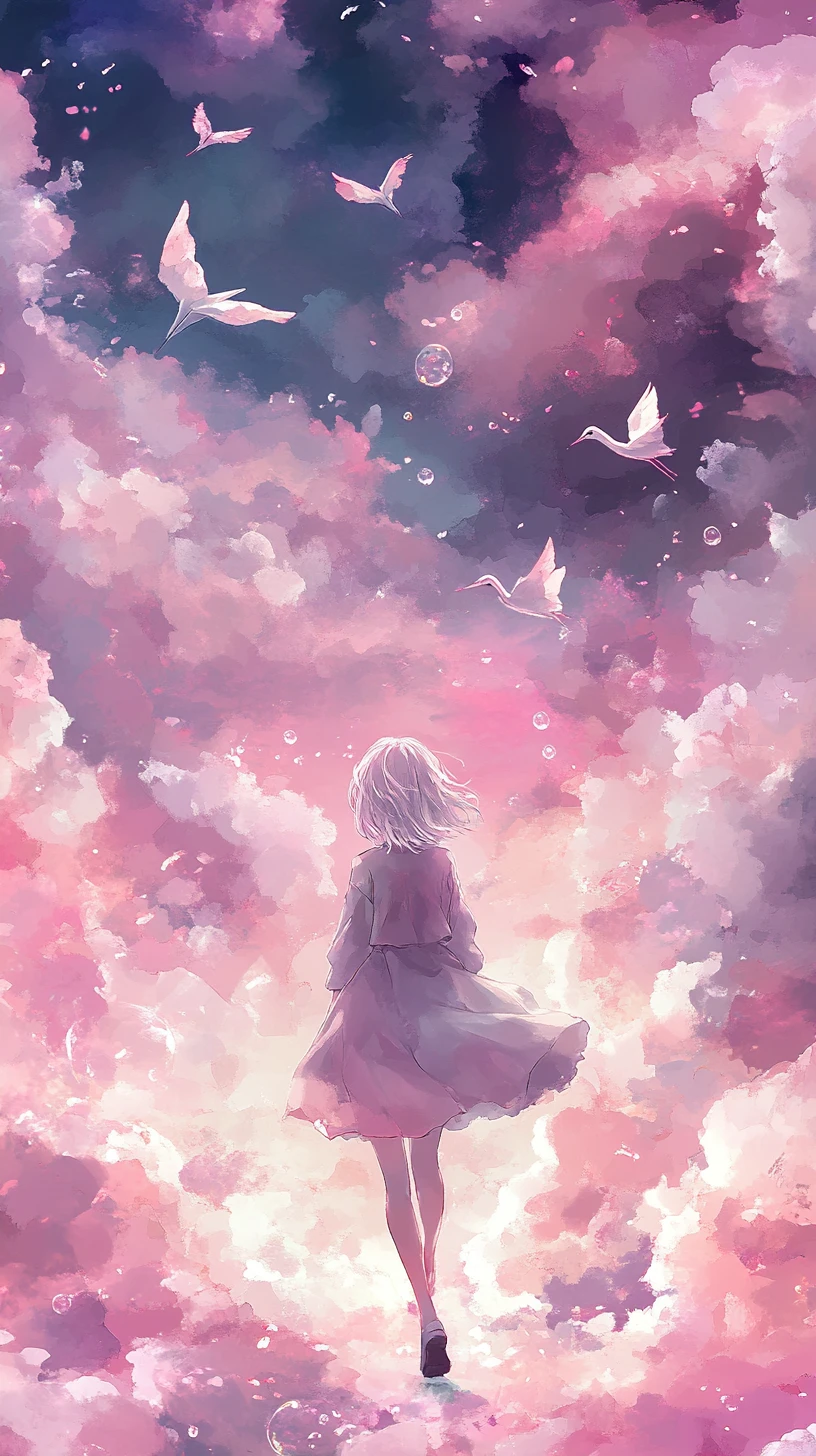 漫步在雲端水彩小徑的動漫少女