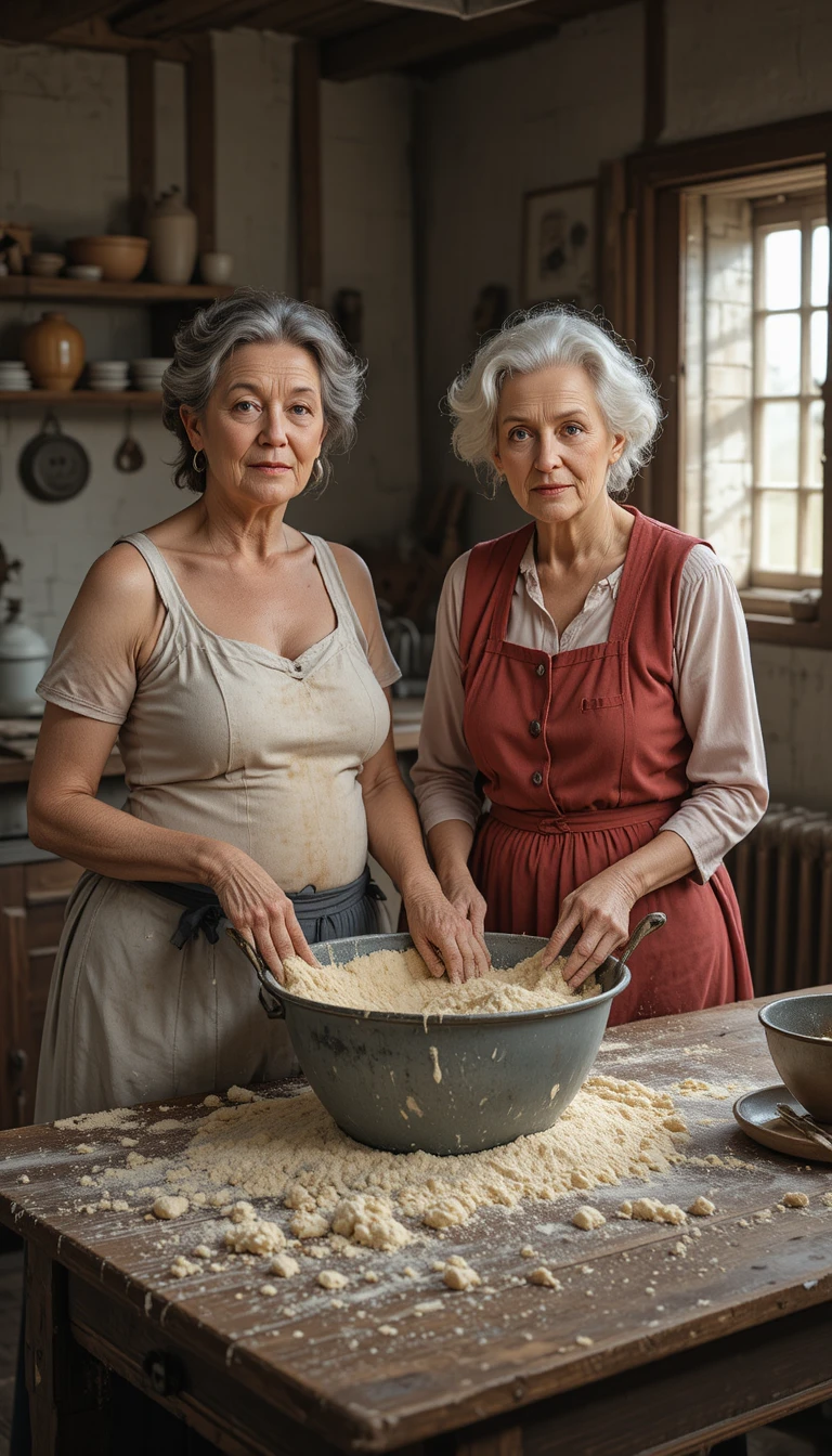 Elderly women kneading bread dough in a rustic kitchen