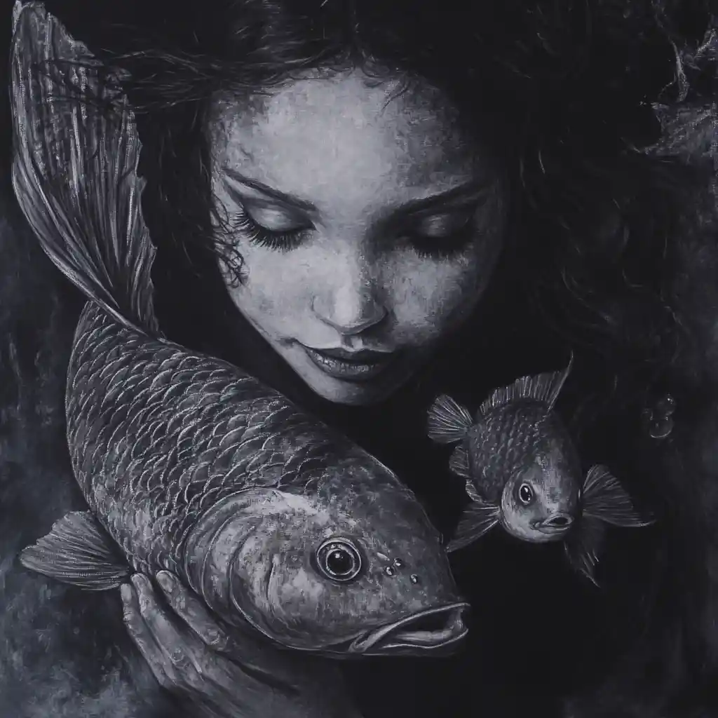 Charcoal portrait of a friendly mermaid with glowing accents