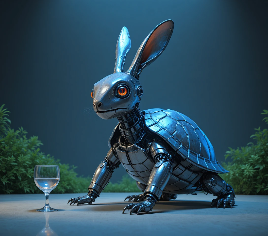 Futuristischer roboterhafter Hybrid aus Hase und Schildkröte in dunkler minimalistischer Szene