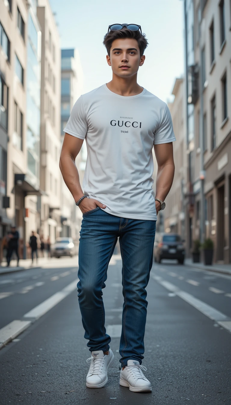 Joven elegante con atuendo de diseñador en una calle de la ciudad