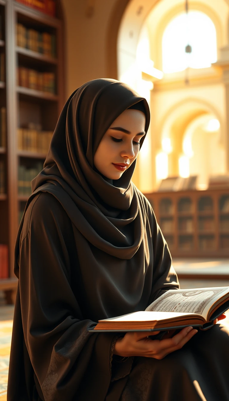 Joven mujer musulmana leyendo el Corán en una biblioteca acogedora