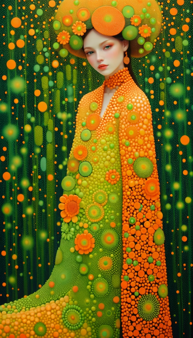Abstract pointillist field of orange and green dots