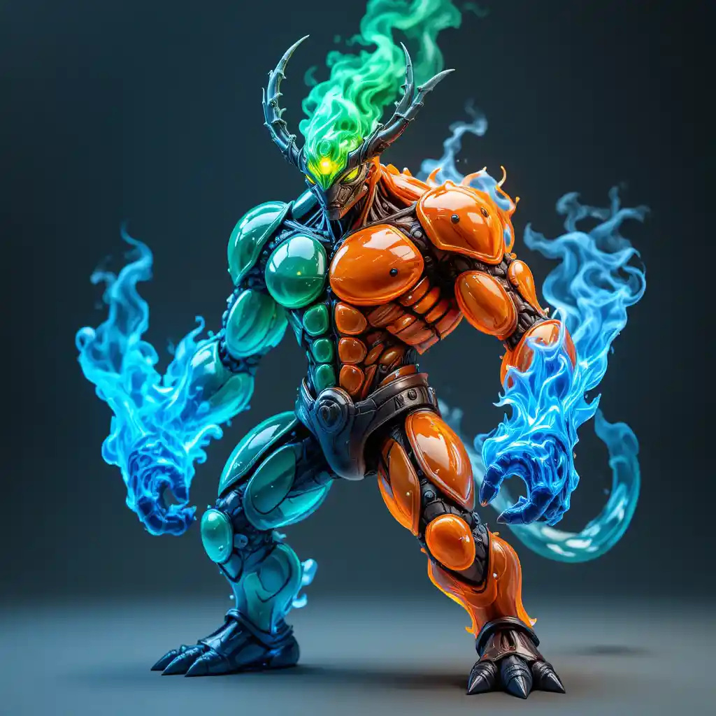 Muscular creature split into three fiery transparent regions