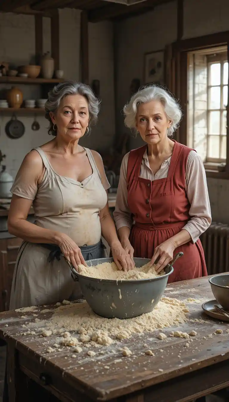 Elderly women kneading bread dough in a rustic kitchen
