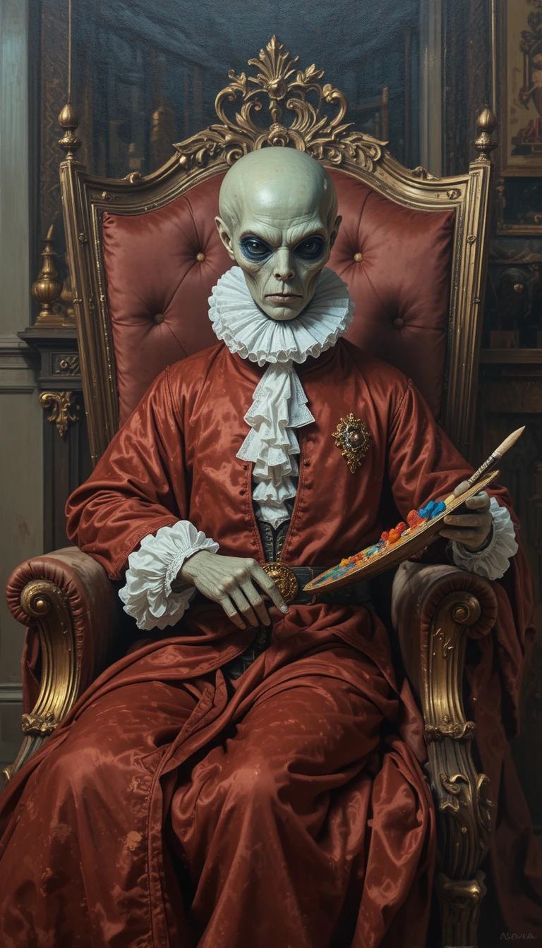 Alien painter in baroque attire creating a self portrait