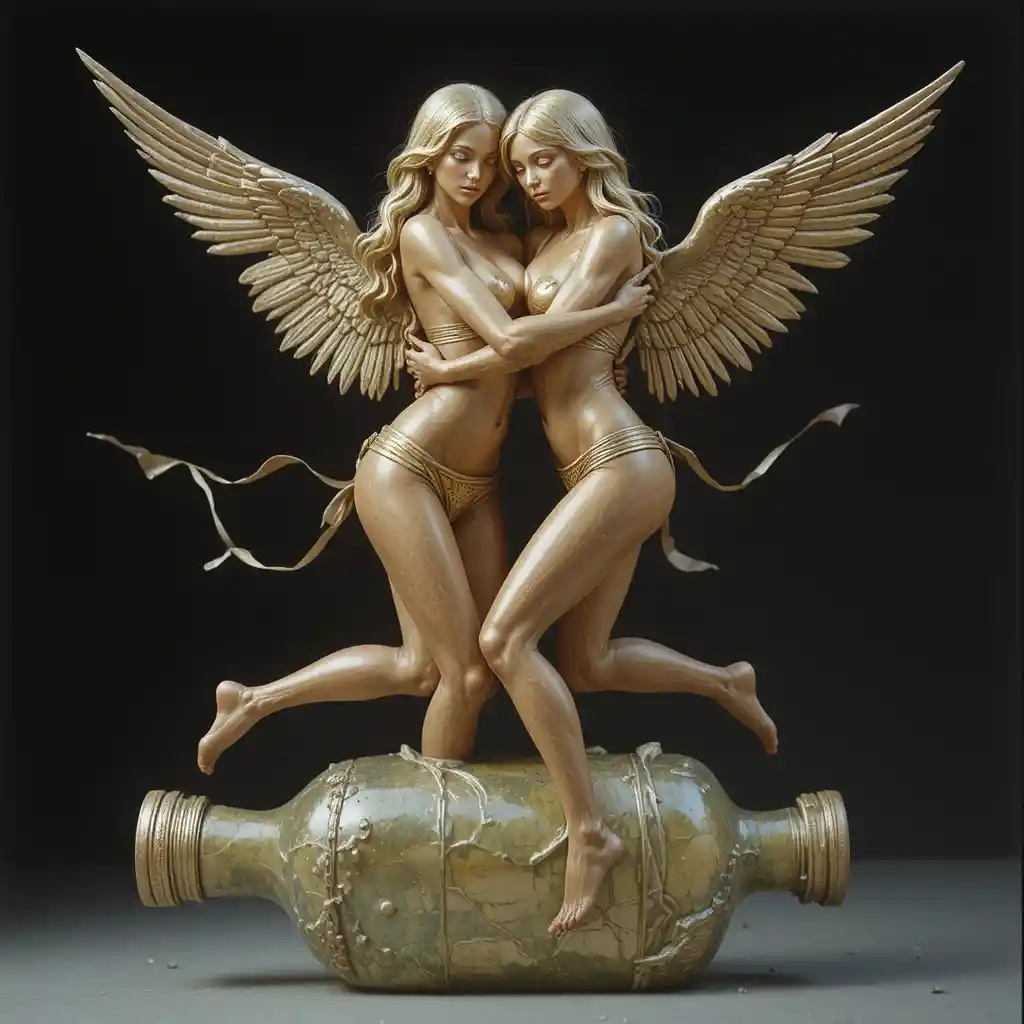 Bronzestatue von zwei Mädchen, die sich auf einer fliegenden Flasche umarmen