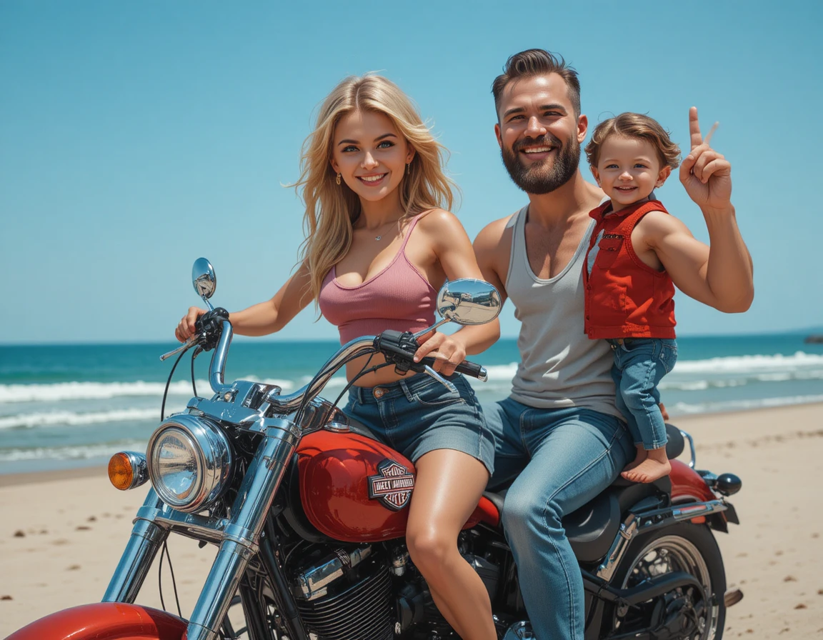 Familia en caricatura montando una moto roja en una playa soleada