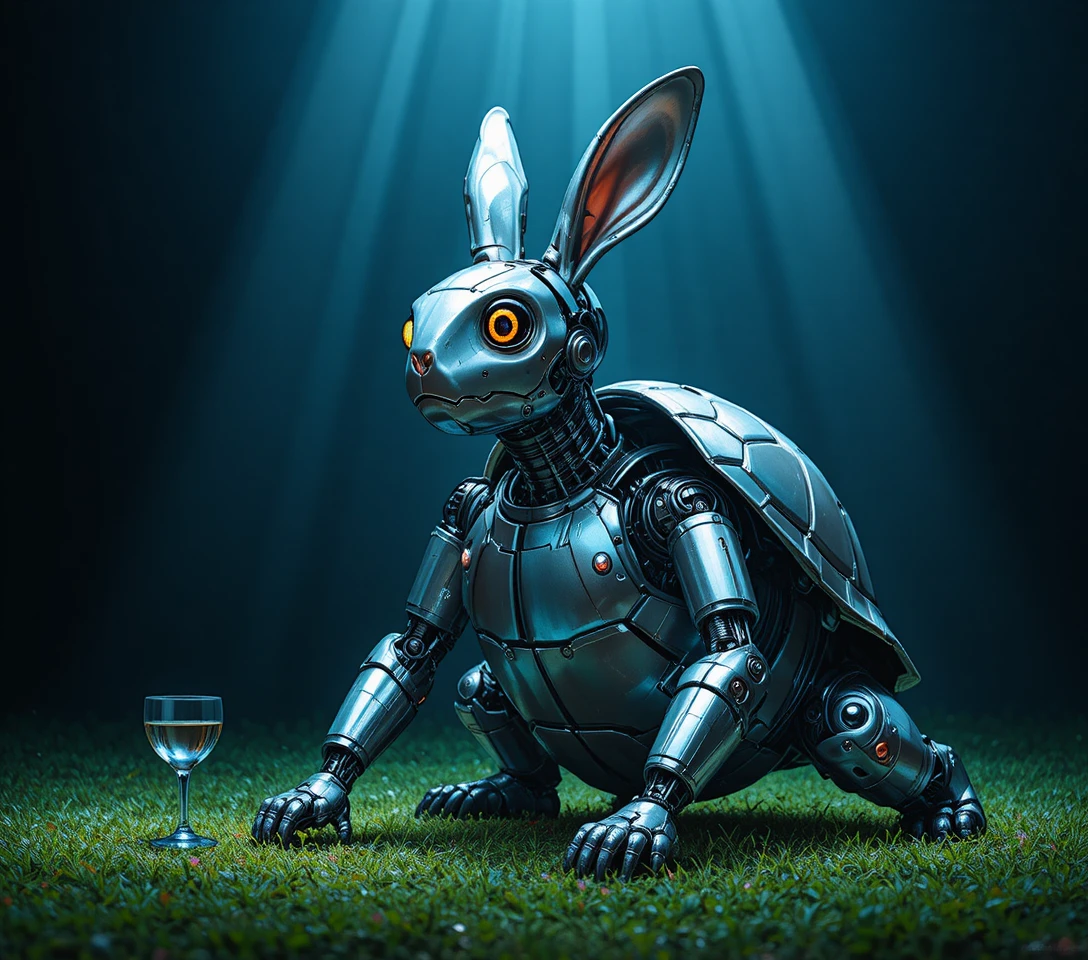 Ibrido futuristico di coniglio e tartaruga robotica in luce suggestiva