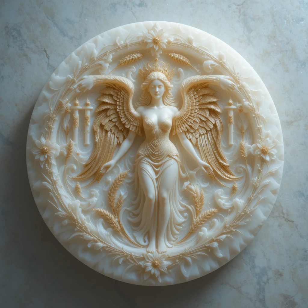 Virgo zodiac glyph carved in alabaster with golden wheat